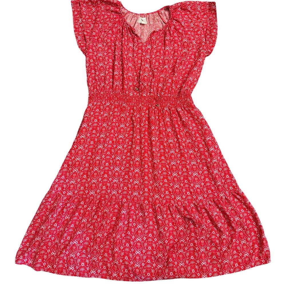 Red Boho Midi Dress Women’s Petite XL Flutter Sleeve Elastic Waist 48” Long